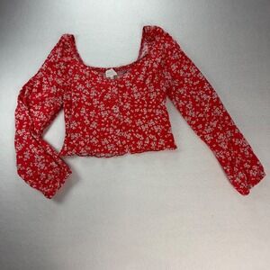 Red Floral Button Accent Smocked Back Long Sleeve Babydoll Crop Top Blouse Small